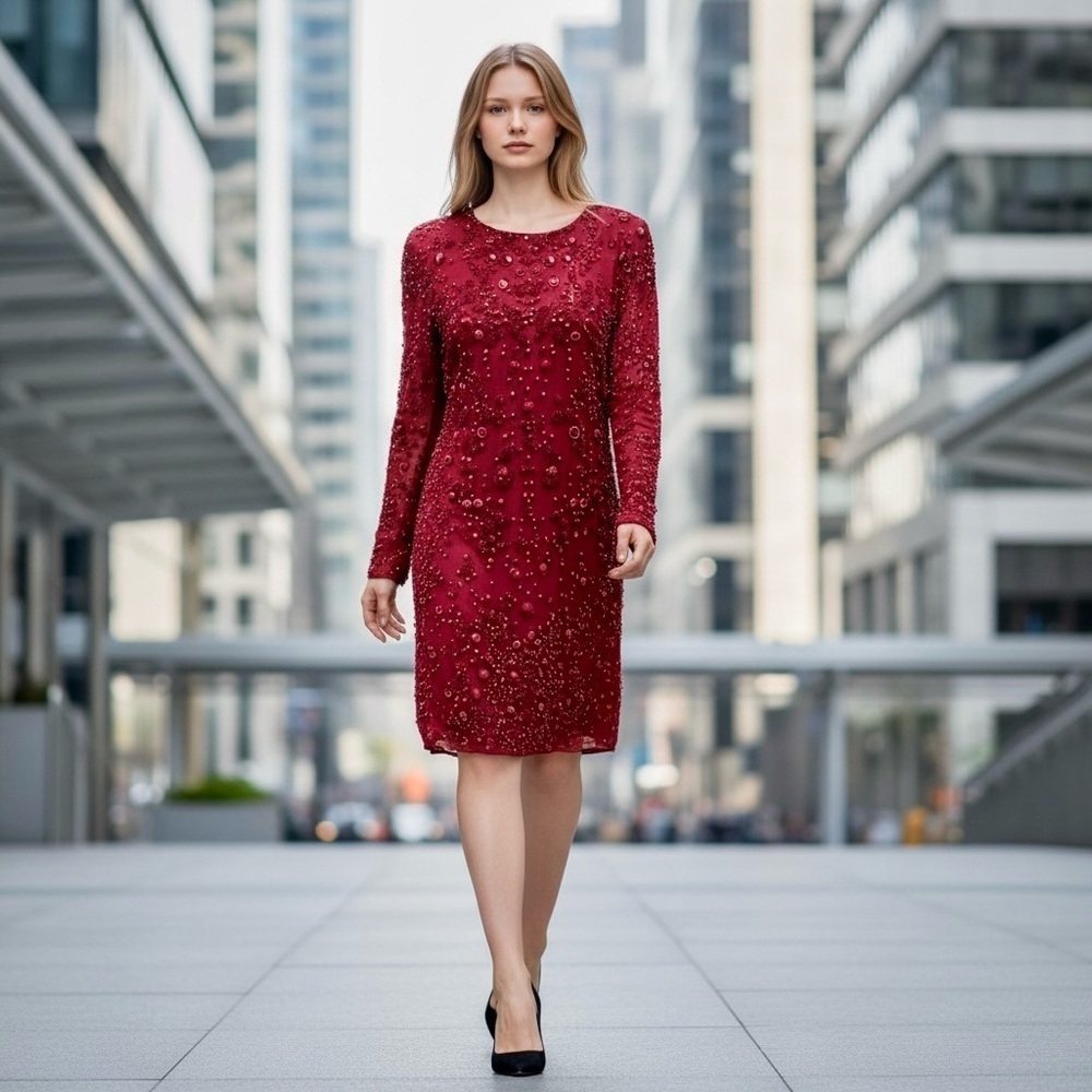 🌻Anthropologie ML Monique Lhuillier Red Beaded Rouge Shift Cocktail Dress sz S